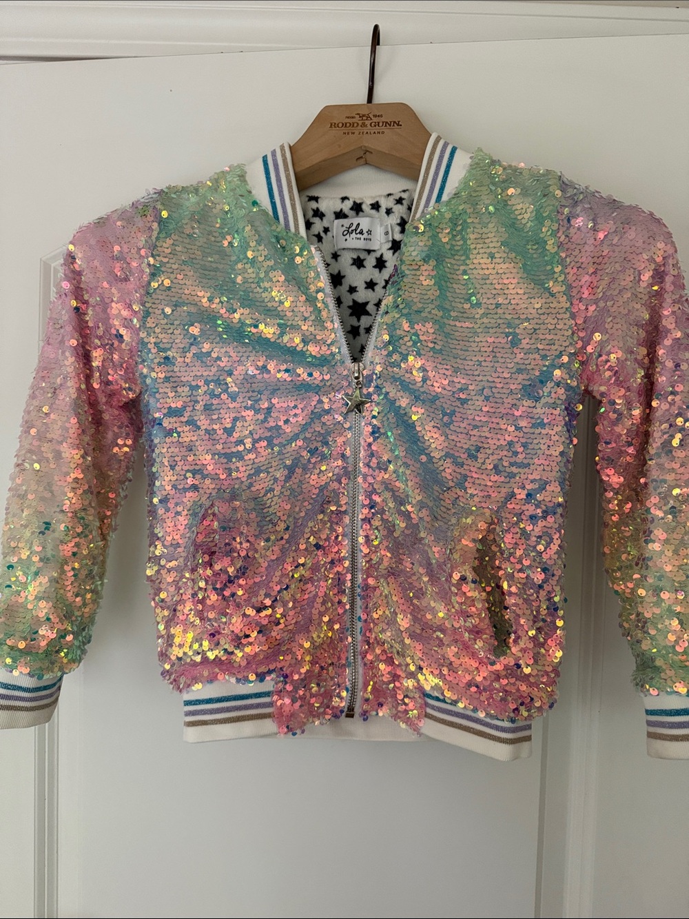 Lola + The Boys Iridescent Sequin Rainbow Bomber Jacket - Pink, Green, Gold